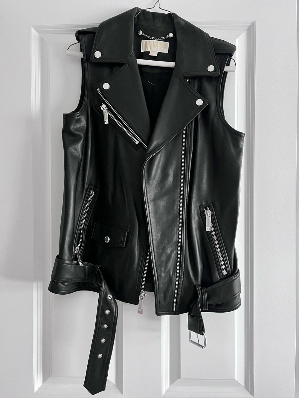 Michael Kors Black Faux Leather Moto Vest with Silver Hardware